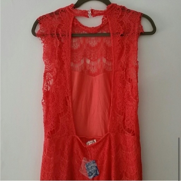 Free People Daydream Bodycon Orange Lace Open back Feminine Coquette Mini Dress - Picture 7 of 8